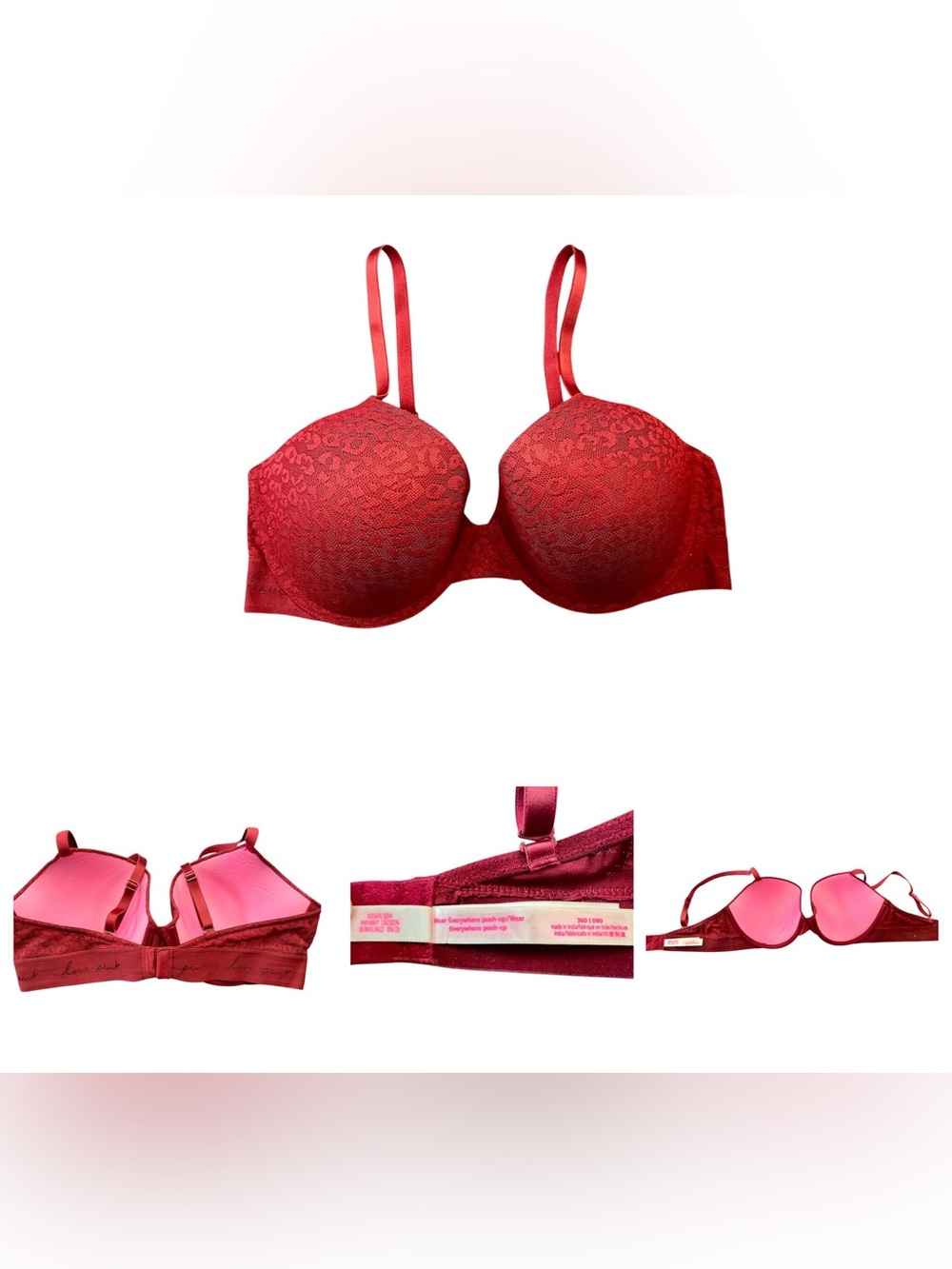 PINK Victoria's Secret Wear Everywhere Lace Push-Up Bra - Maroon - 36D